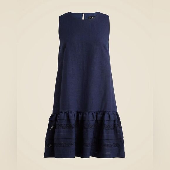 NWT J CREW PETITE Maxine Ruffle-Trim Linen Mini Dress in Navy - Picture 3 of 7